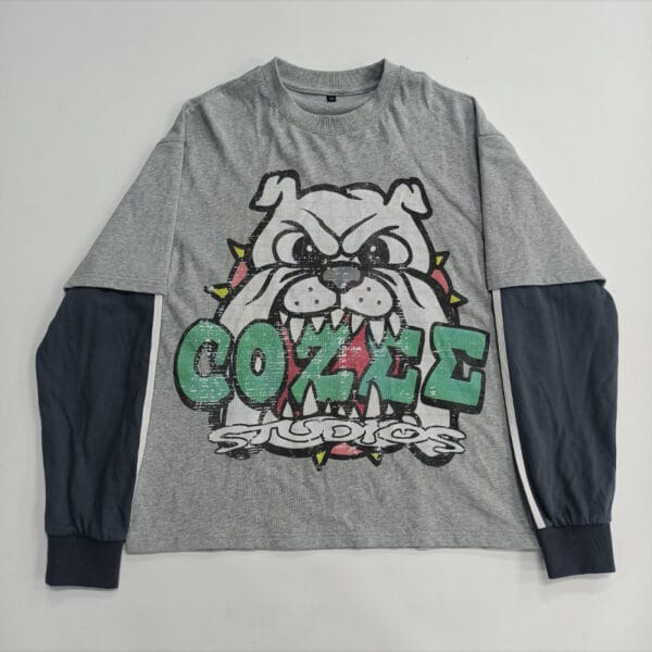 Fake Two Cotton Heavy Weight Fabric Trendy Brand Men's and Women's Loose Washed T-shirt Long Sleeve American Street Style